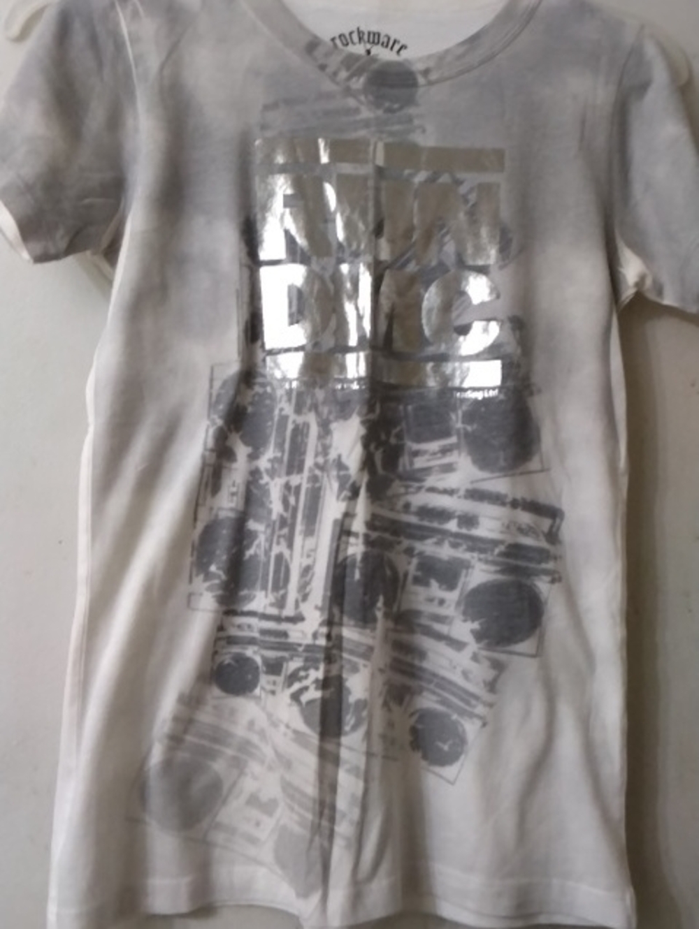 Women's White Graphic Short-Sleeve Shirt with RUN DMC metallic logo. Size Medium